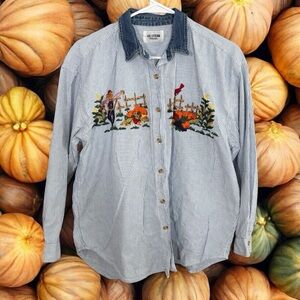 Solutions Striped Button-up Shirt w/Embroidered Fall Design L/XL Teacher Vintage